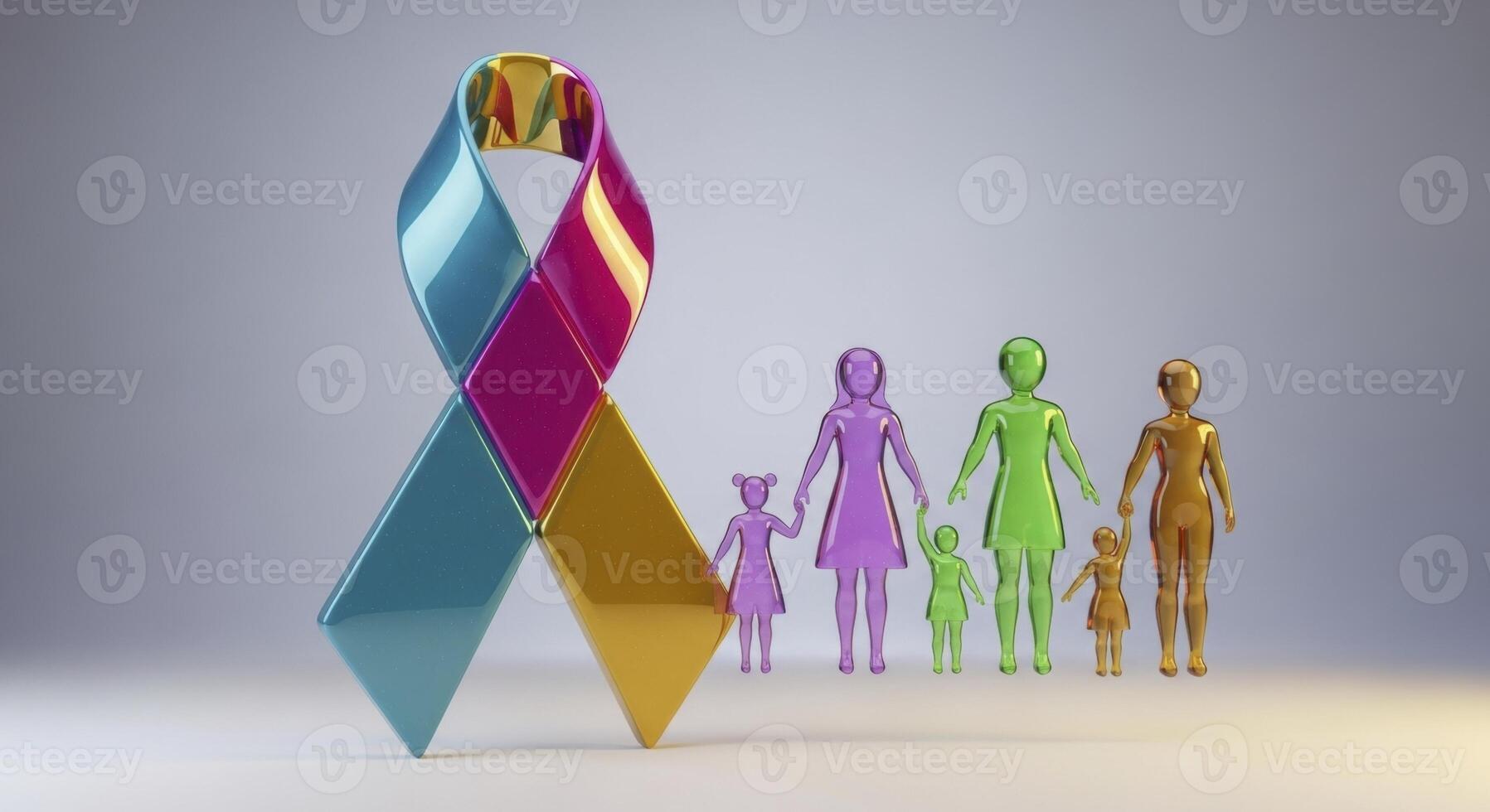 Multi colored awareness ribbon with stylized female figures symbolizing support and community photo