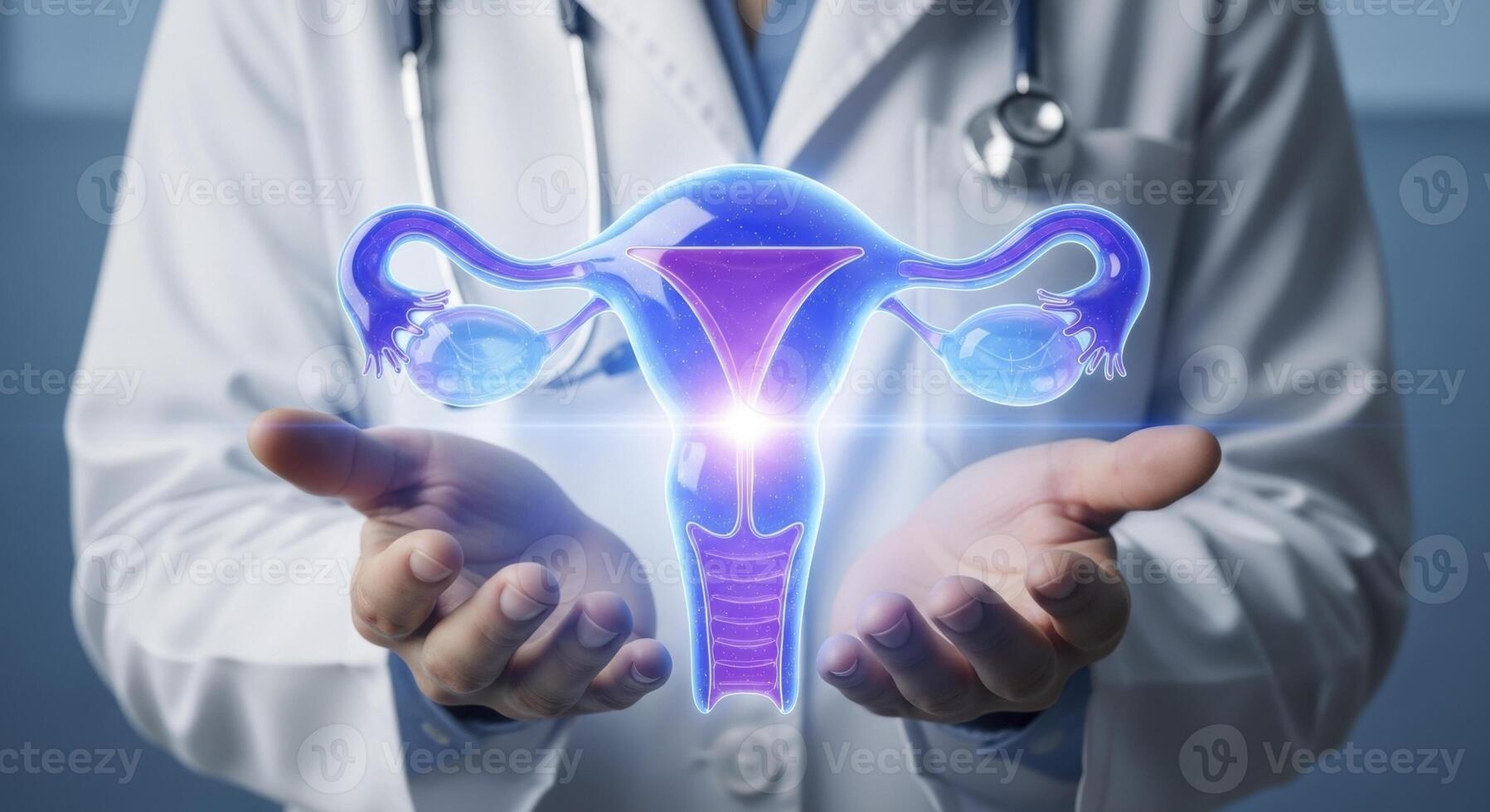Doctor presenting a glowing 3D hologram of the female reproductive system for women health. photo