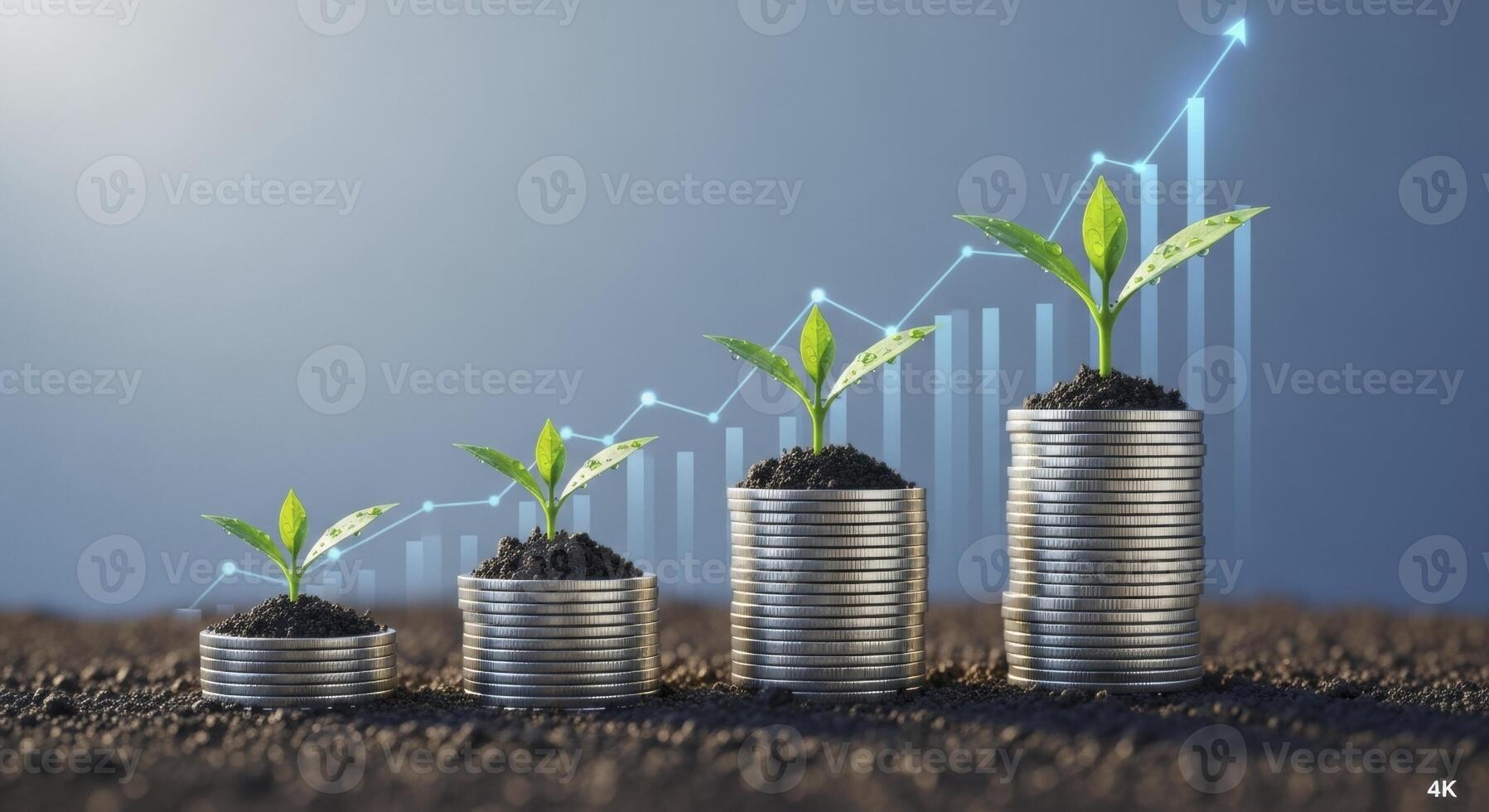 Financial Growth Concept with Green Plants Growing on Stacks of Coins and Upward Graph photo