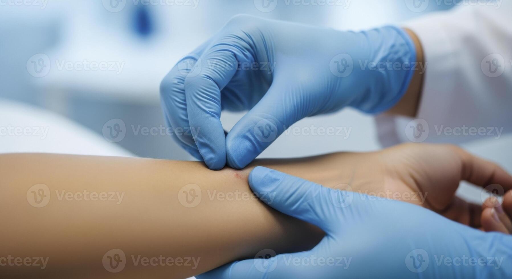 Medical Professional in Blue Gloves Examining Patient Arm for Skin Test or Procedure photo