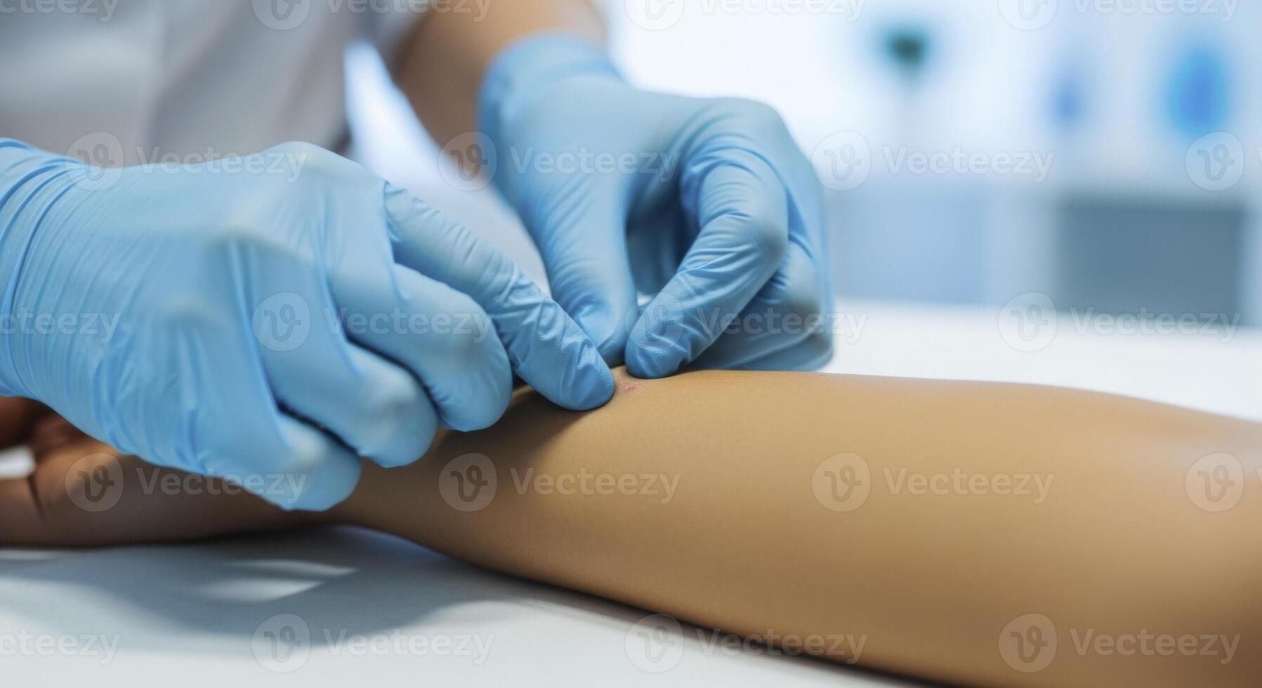 Medical professional in blue gloves performing a precise examination on a patient arm. photo