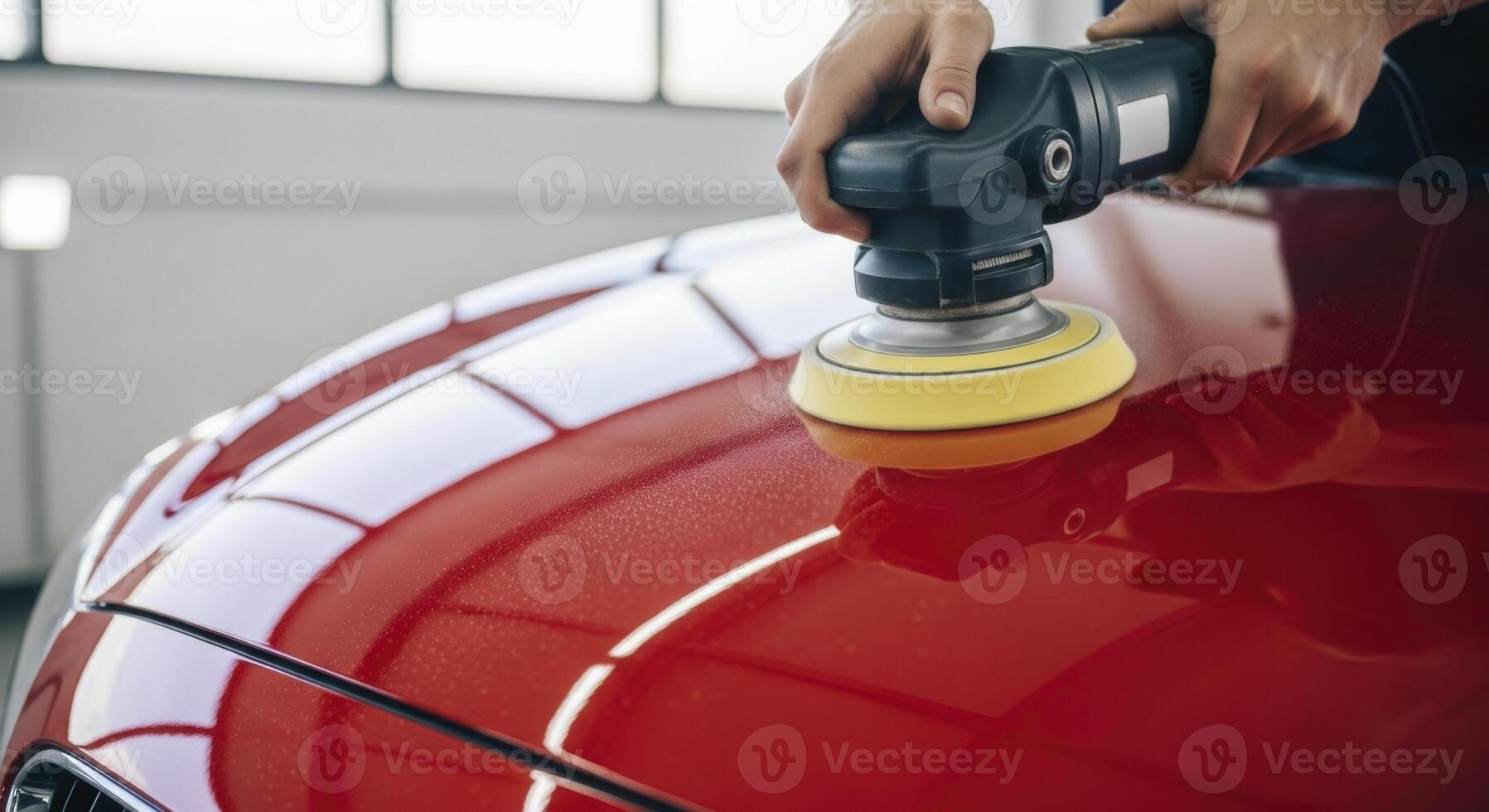 Professional car detailing, Person polishing the glossy red paint of a vehicle with an orbital machine. photo
