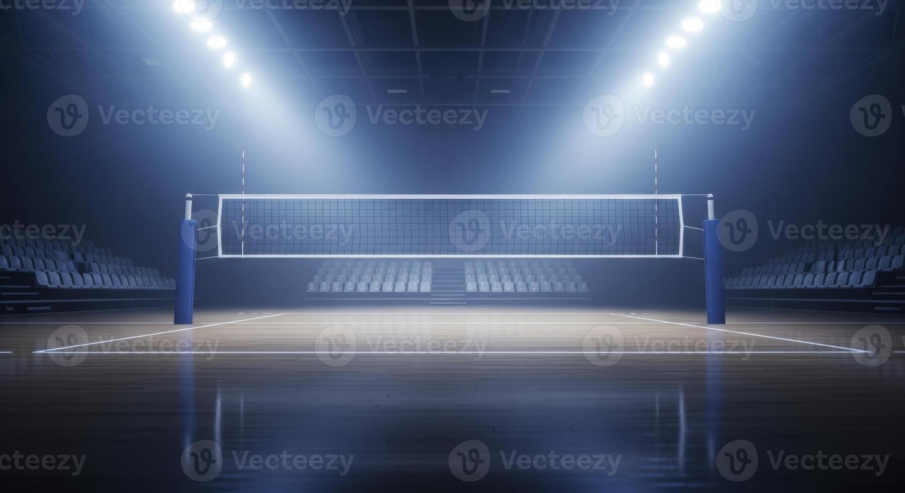 Empty indoor volleyball court with net and stadium lights, ready for a professional game photo