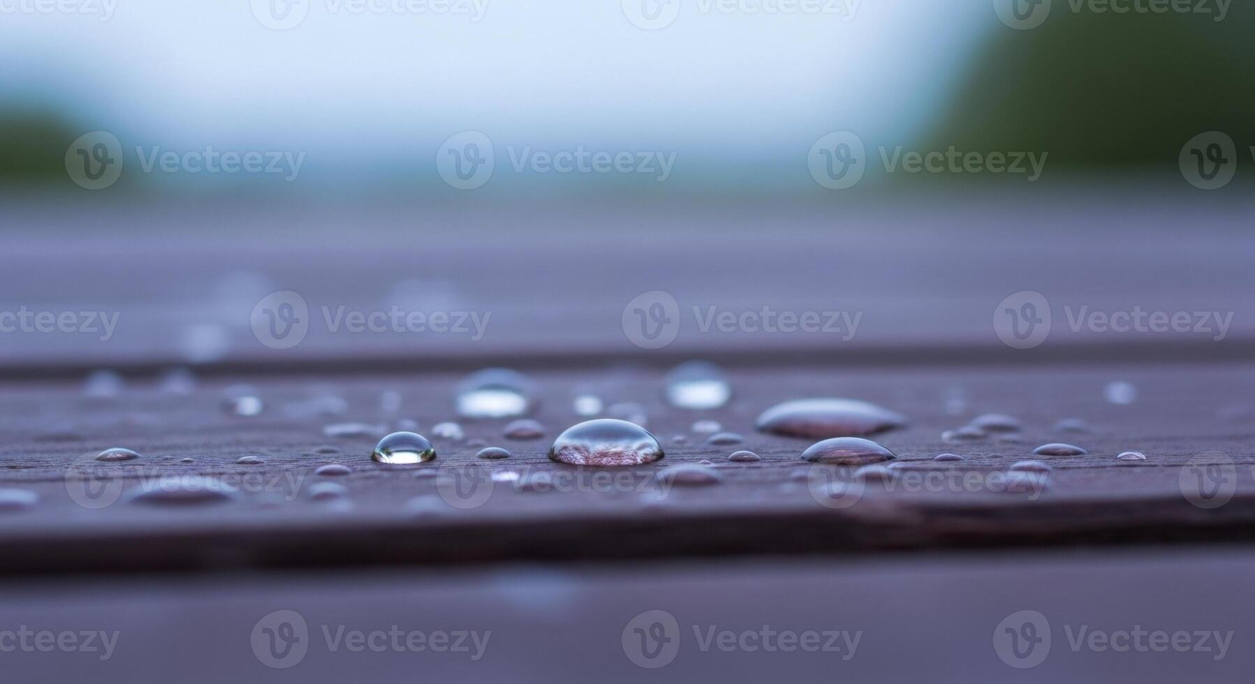 Glistening water droplets on dark weathered wood surface, a close up macro view. photo