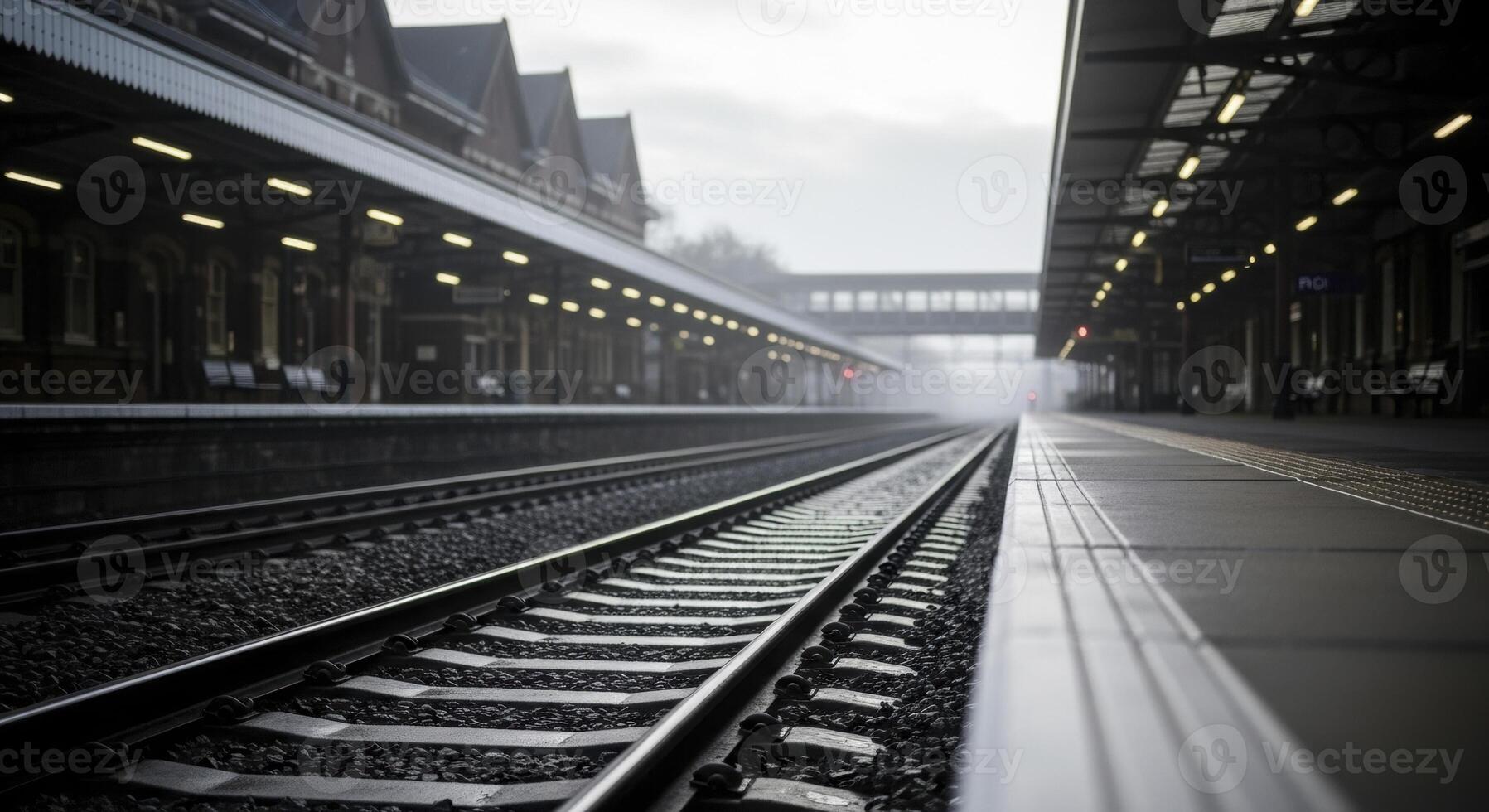 Empty train station platform with railway tracks stretching into the misty distance photo