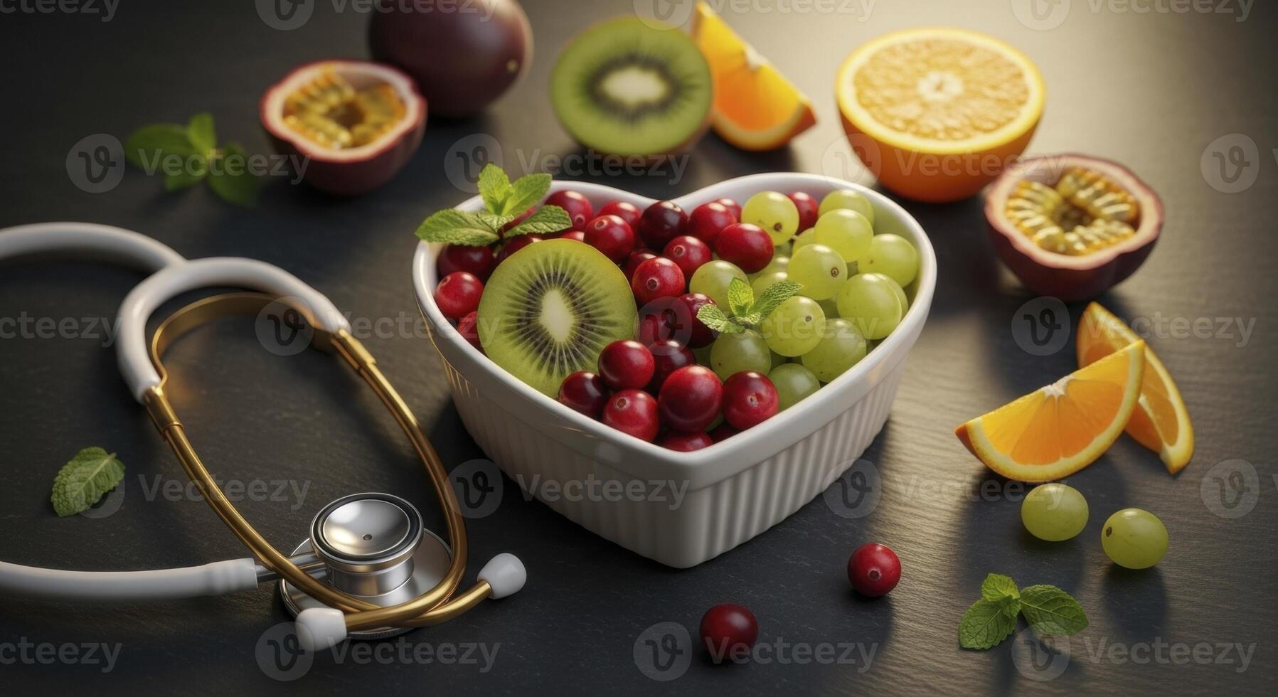 Heart shaped bowl with fresh fruits and stethoscope symbolizing healthy eating and heart care. photo