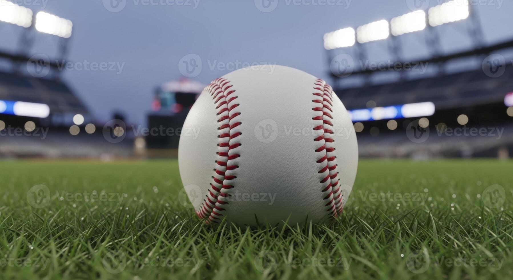 White baseball with red stitching resting on green grass in a professional stadium at dusk photo
