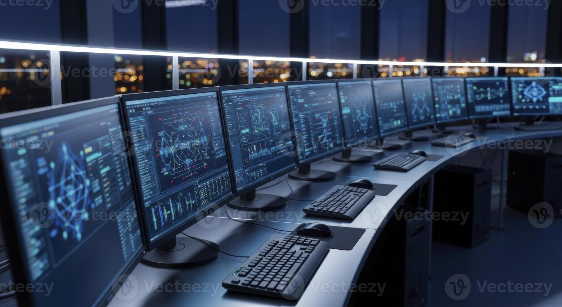 Modern control room with multiple computer monitors displaying data and city skyline at night photo