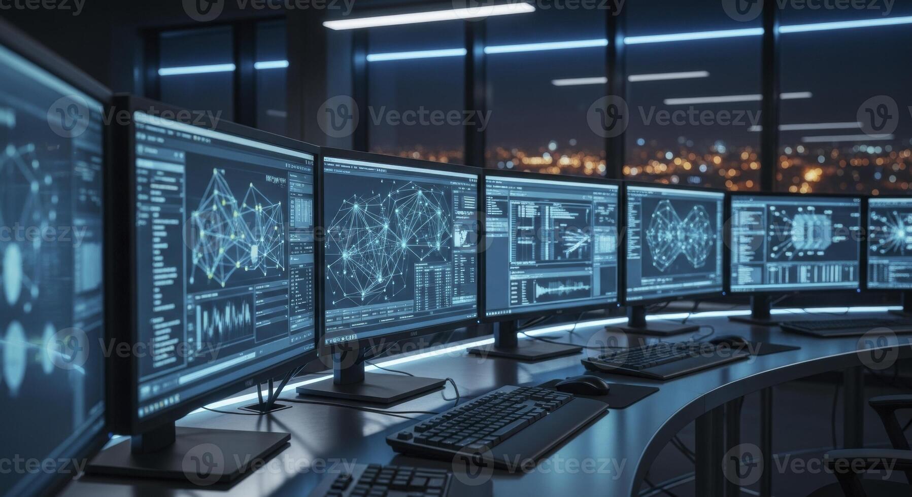 Multiple computer monitors displaying data in a high tech control room with a night city view photo