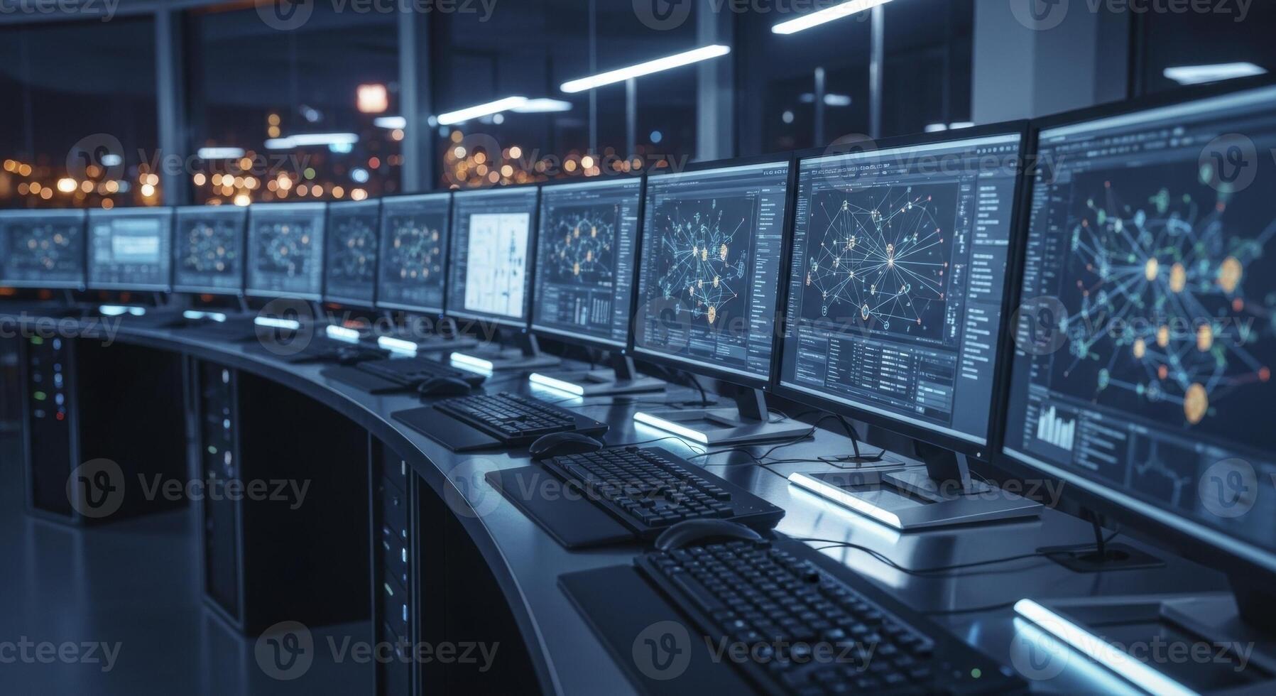 Modern Control Room with Curved Desk and Multiple Computer Monitors Displaying Data Visualizations photo