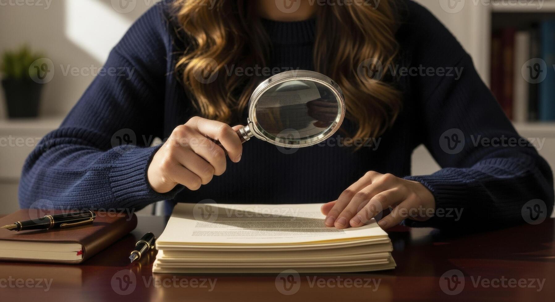 Professional Woman Using Magnifying Glass to Carefully Examine Important Documents on a Desk photo