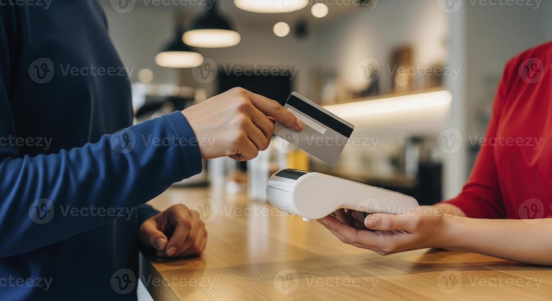 Customer making a secure contactless payment with a credit card at a retail store counter photo