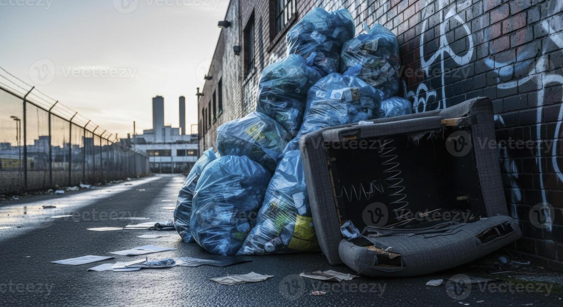 Urban alleyway with discarded trash bags and broken armchair against a graffiti wall at dawn photo