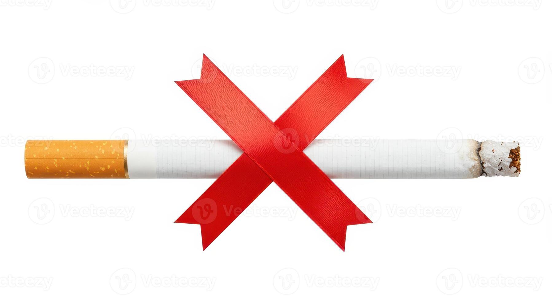 Cigarette with a red X ribbon symbolizing anti smoking and quitting tobacco for health photo
