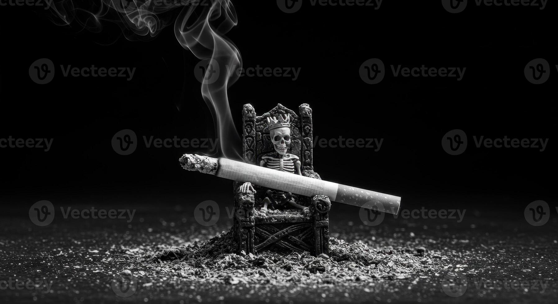 Monochrome image of a lit cigarette on a skeleton king throne with ash and smoke photo