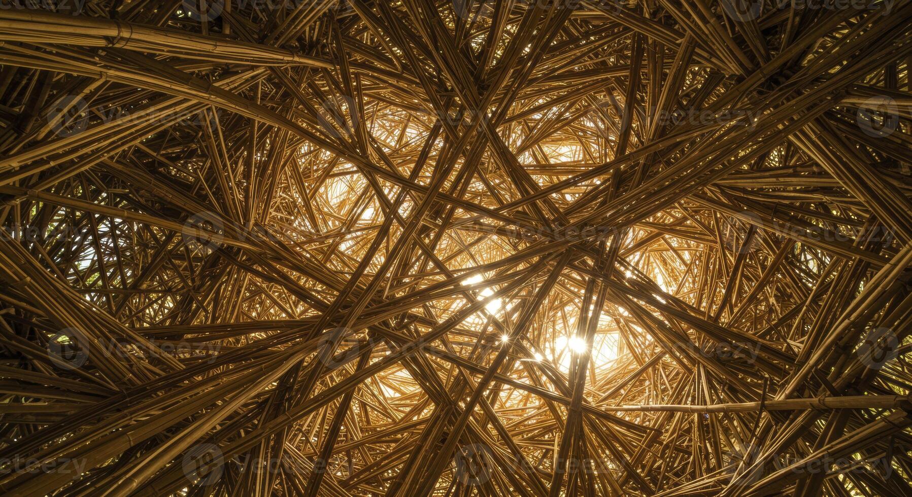 Intricate bamboo structure with warm light filtering through, creating a complex natural pattern. photo