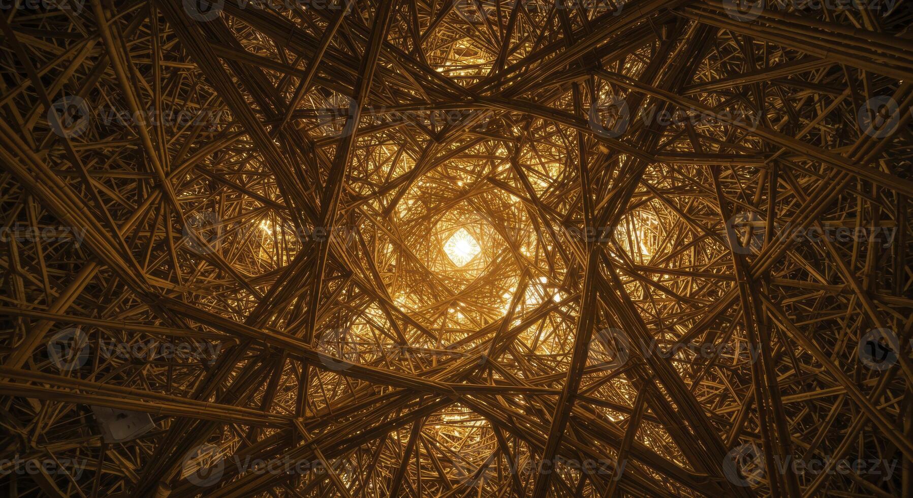 Intricate golden bamboo structure creating an abstract tunnel of light and interwoven patterns. photo