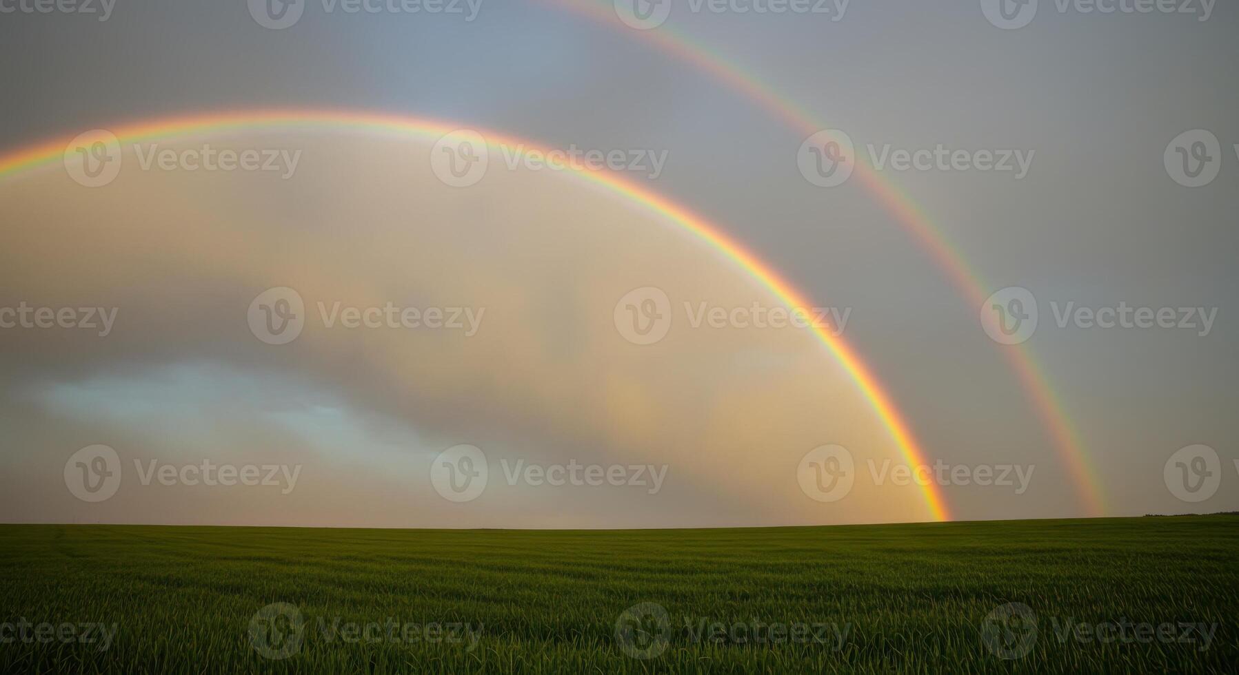 Vibrant Double Rainbow Arches Over a Lush Green Field Under a Cloudy Sky After a Rain Shower photo