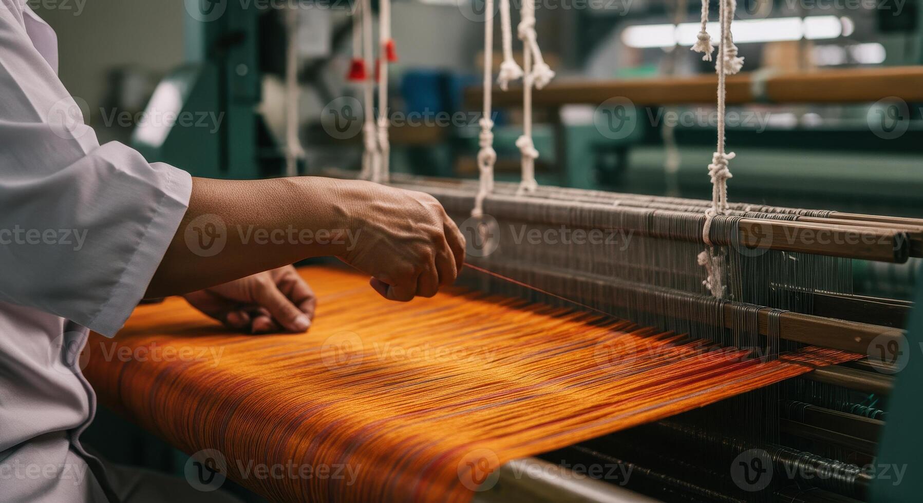 Skilled hands operate a traditional weaving loom, creating vibrant orange textile fabric in a workshop. photo