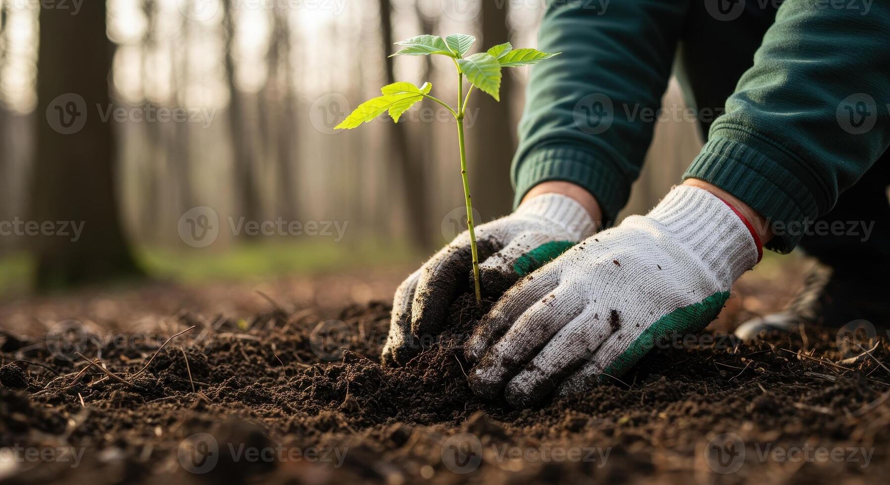 Gloved hands planting a small green seedling into dark soil in a natural forest environment photo