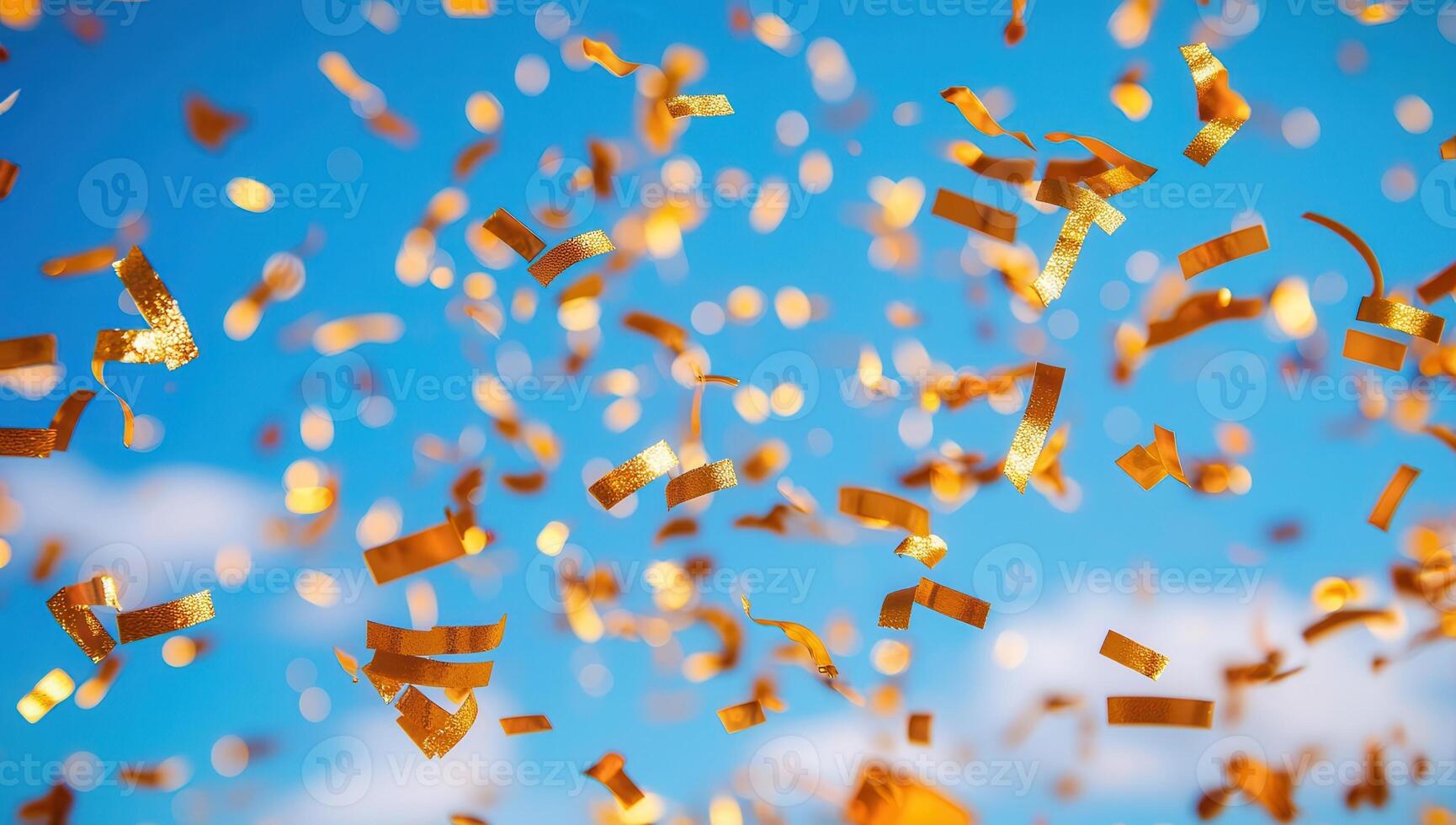Golden confetti falling against a vibrant blue sky, symbolizing celebration and joy photo