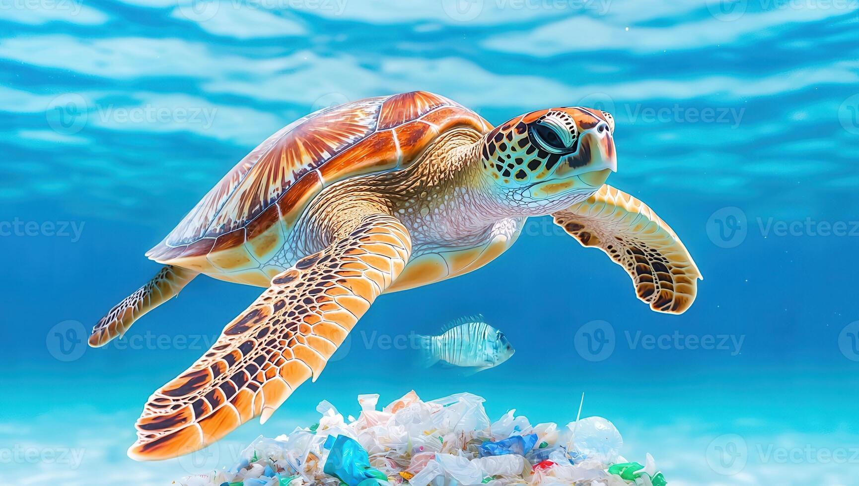 Sea turtle swims gracefully over a pile of plastic waste, symbolizing ocean pollution. photo