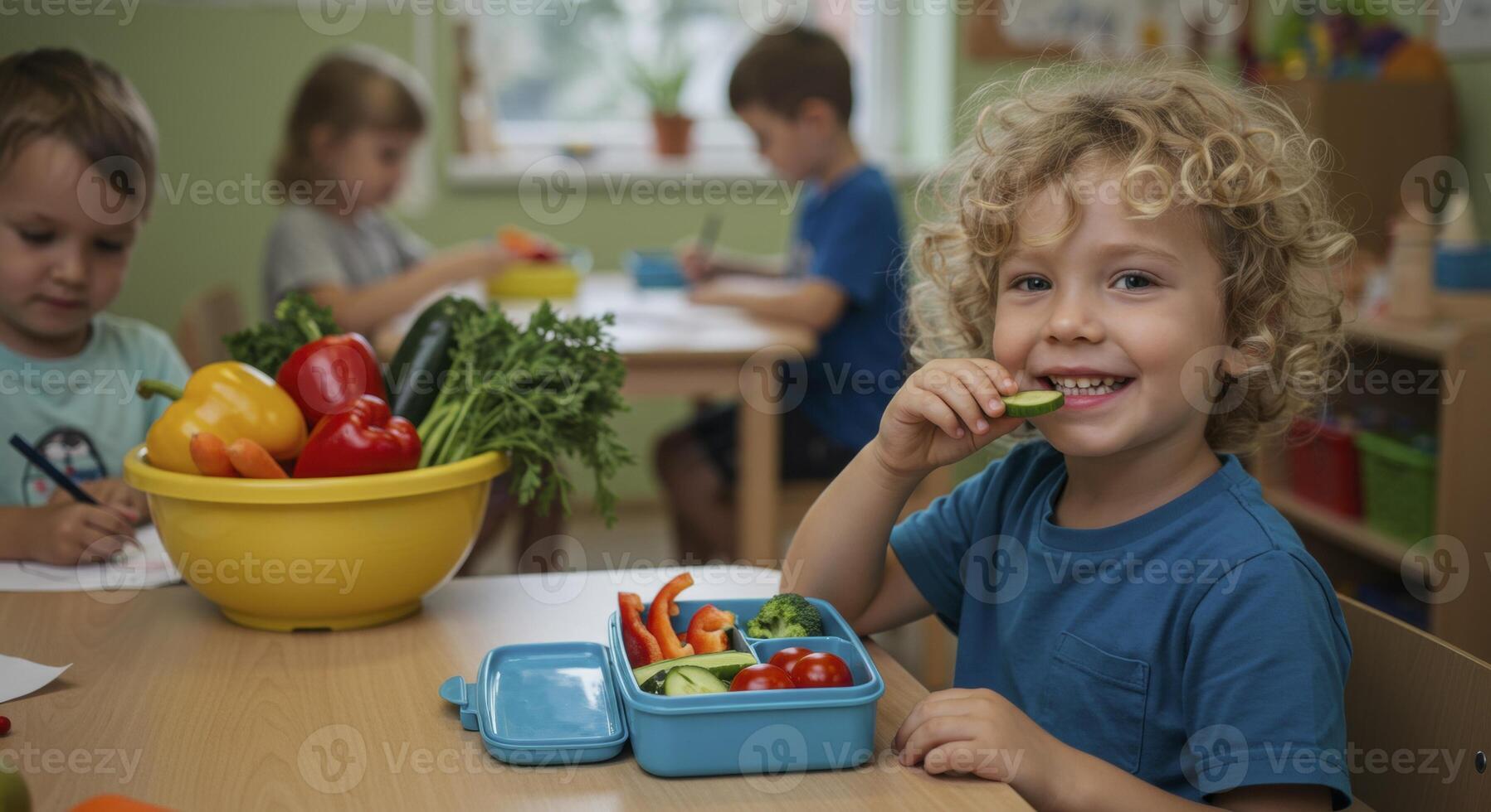 Happy young boy with curly hair eating healthy vegetable snack in a vibrant daycare classroom. photo