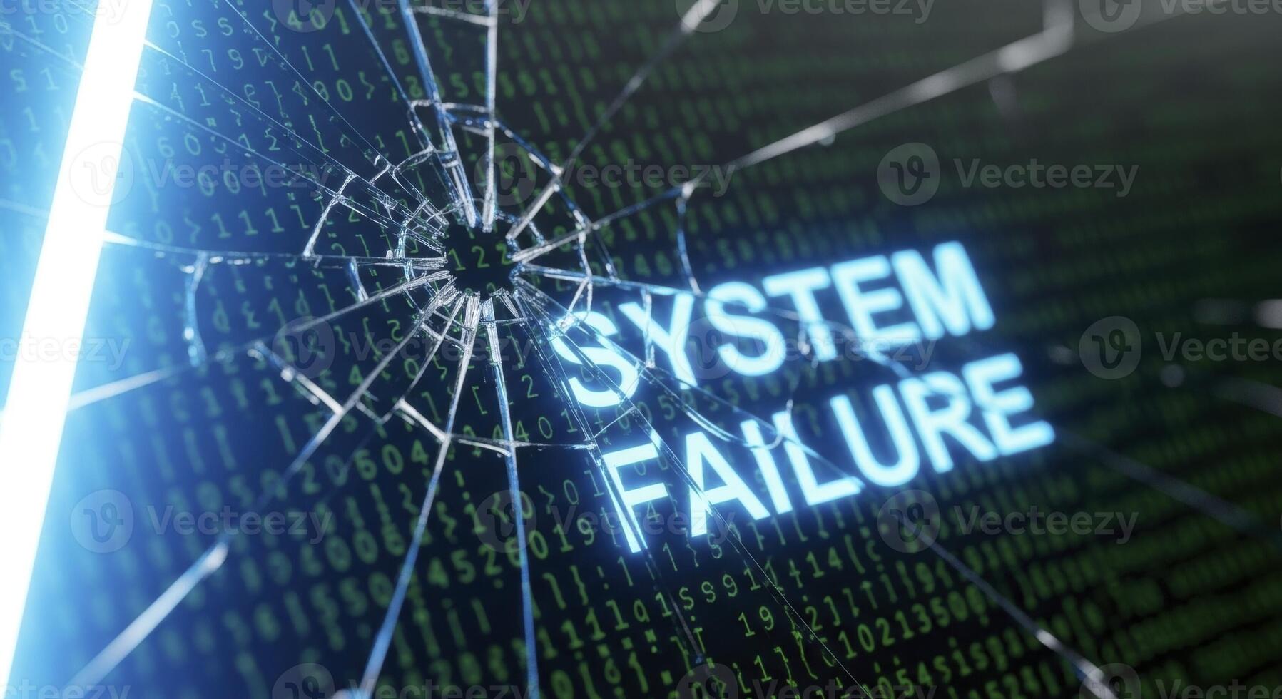System Failure Message on Shattered Digital Screen with Binary Code and Data photo