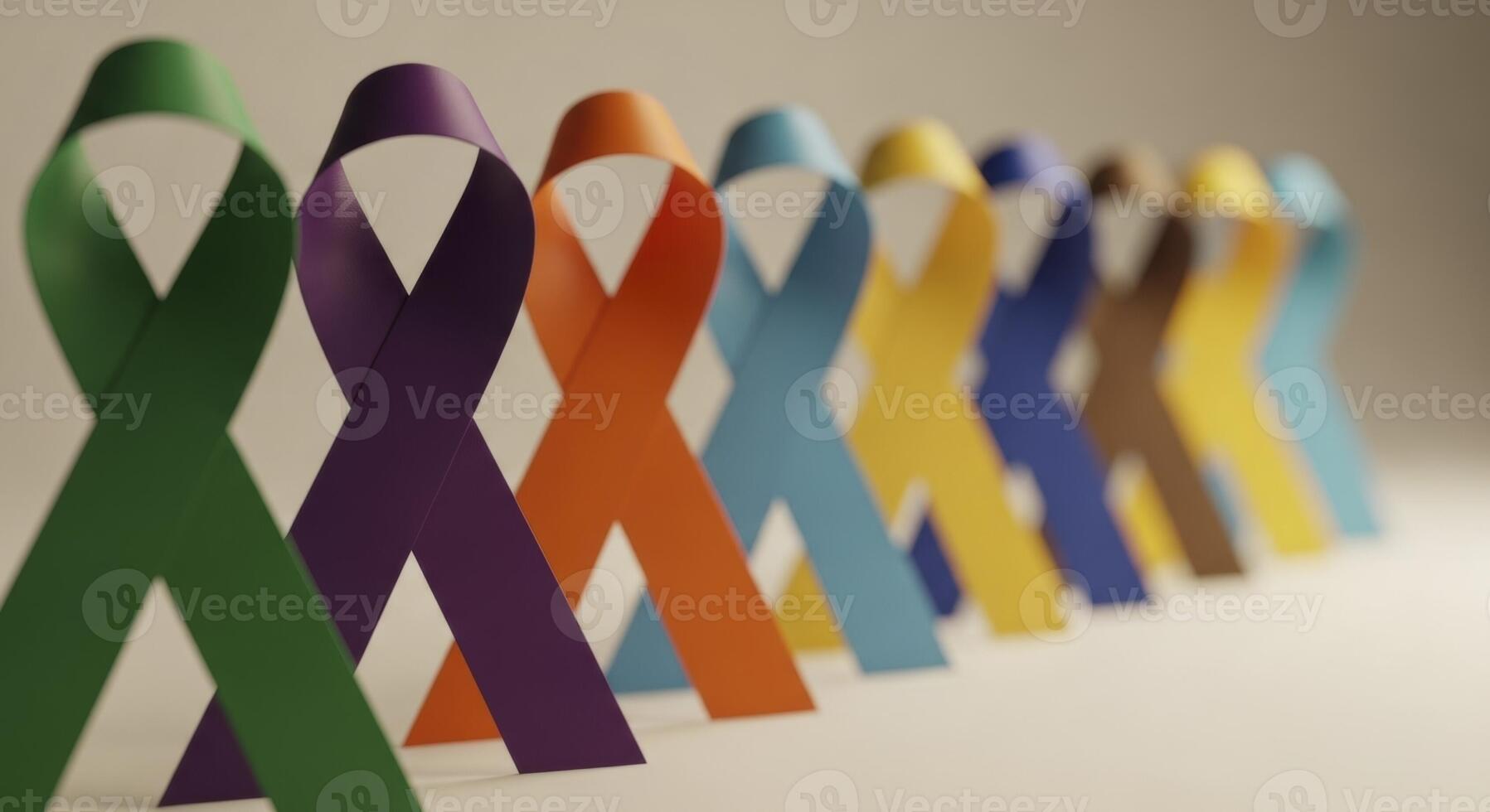 Colorful awareness ribbons standing in a row, symbolizing support for various health causes and solidarity. photo