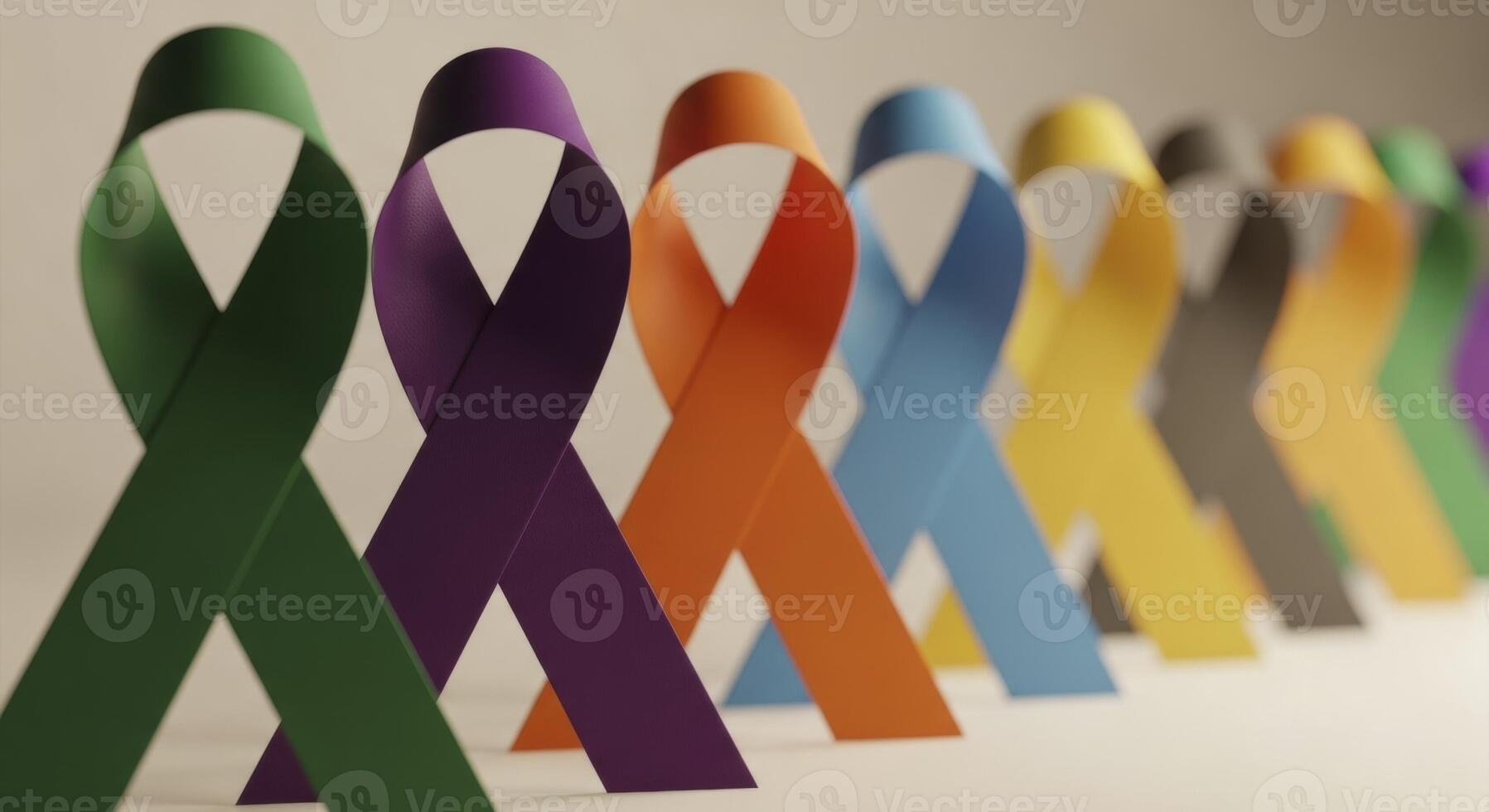 A row of colorful awareness ribbons symbolizing support for various causes and health campaigns photo
