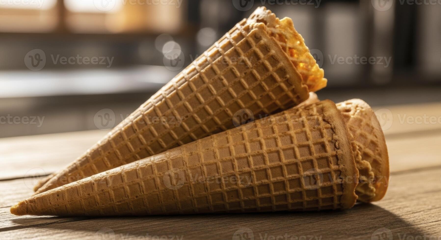 Crispy waffle ice cream cones stacked on a rustic wooden table with warm lighting photo