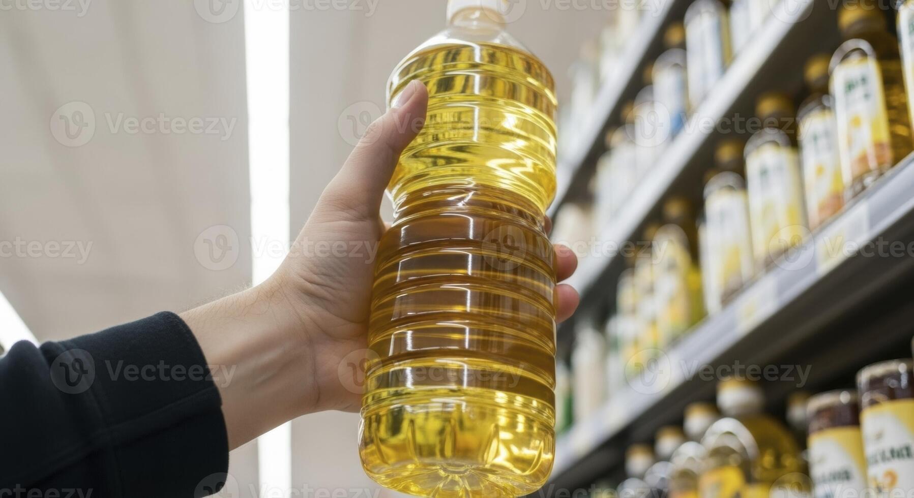 Man Hand Selecting a Bottle of Golden Cooking Oil in a Supermarket Aisle photo