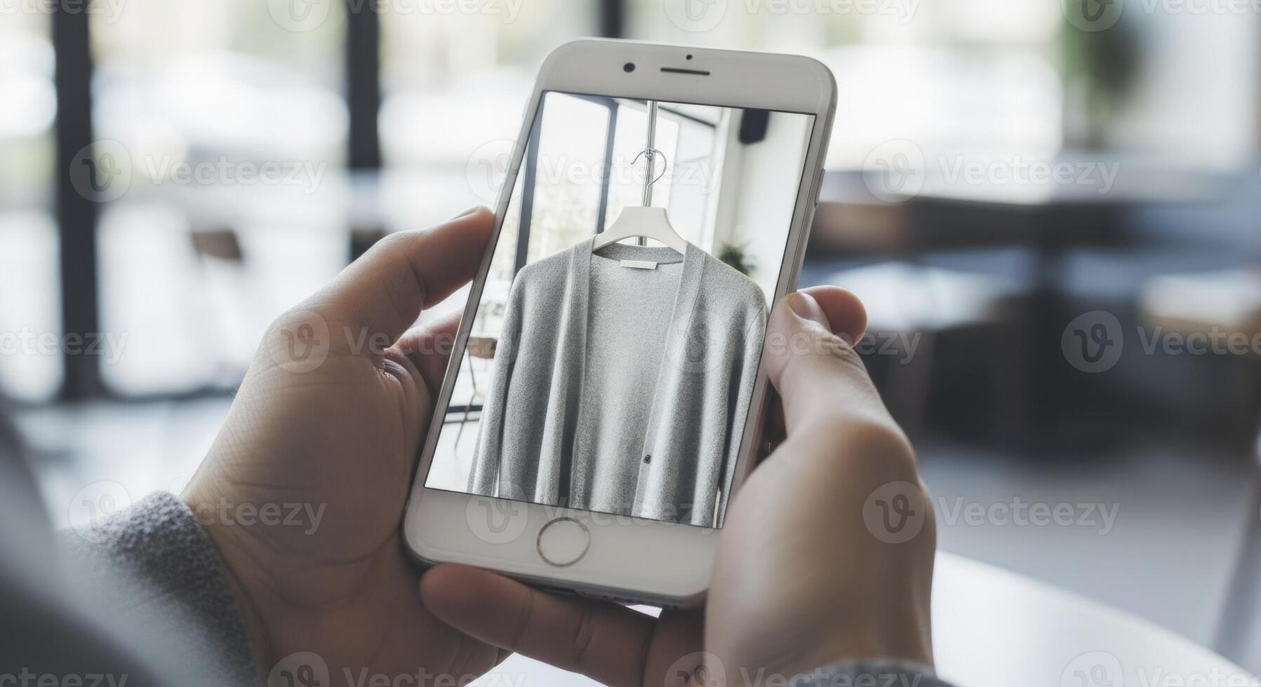 A man hands holding a smartphone displaying a gray cardigan for online shopping photo