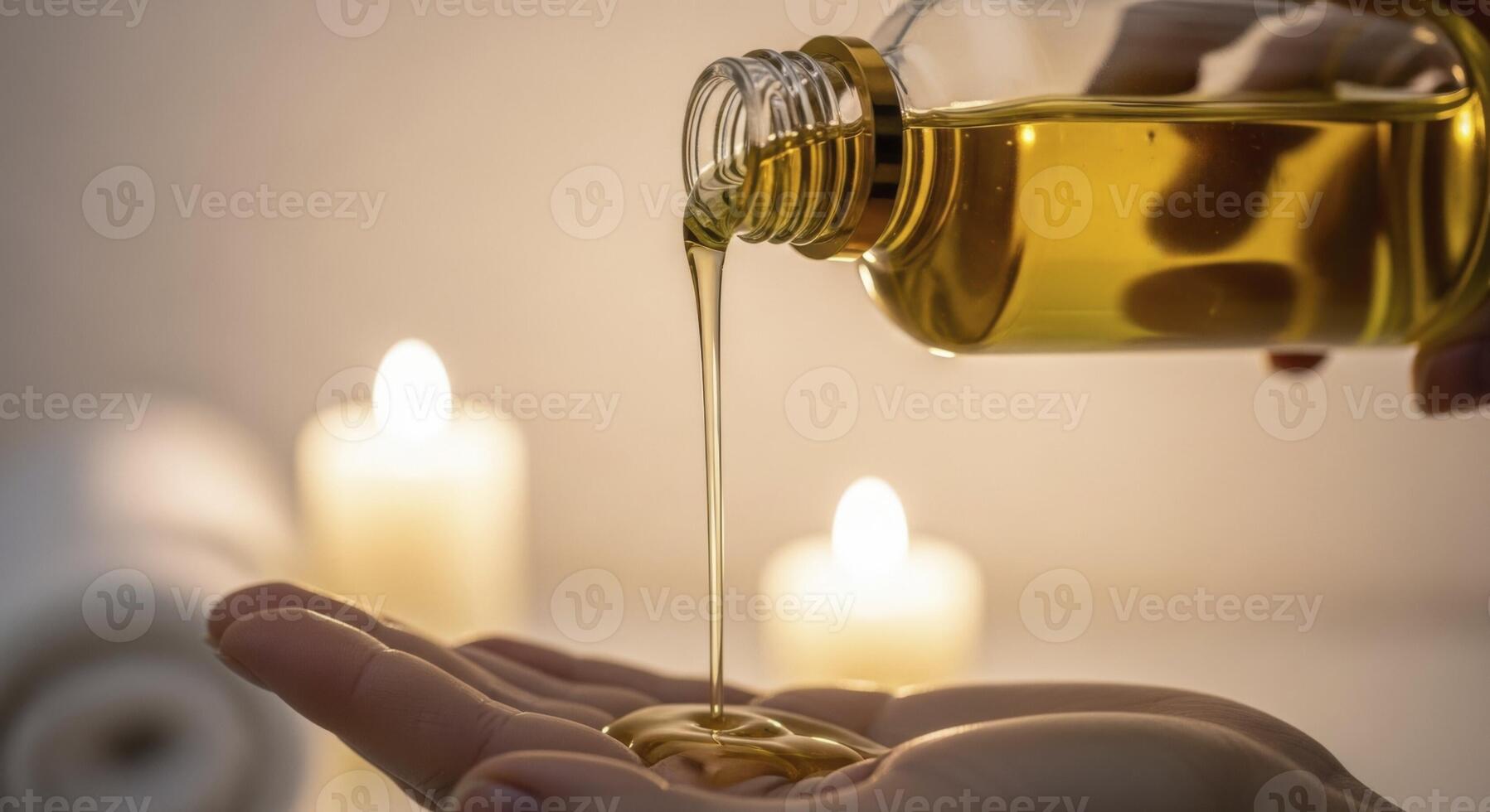 Golden oil pouring from a bottle onto a woman hand in a serene spa setting with candles photo