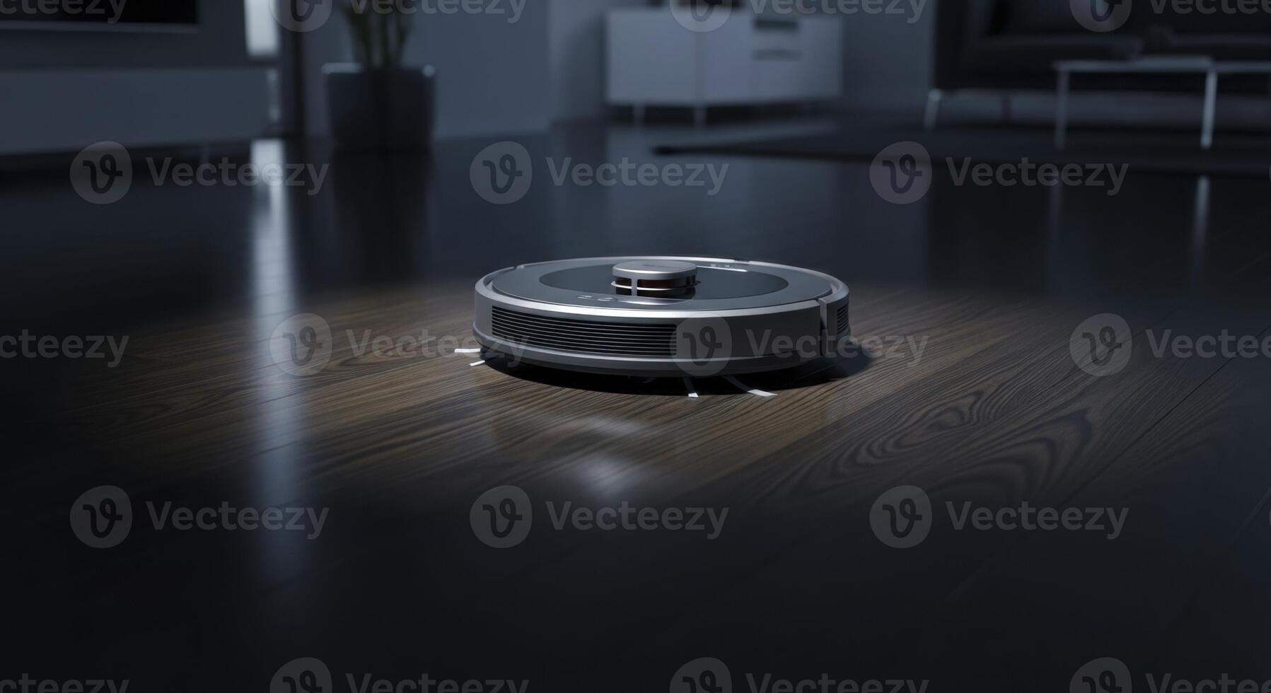 Sleek robotic vacuum cleaner autonomously cleans dark wooden floor in modern smart home interior photo