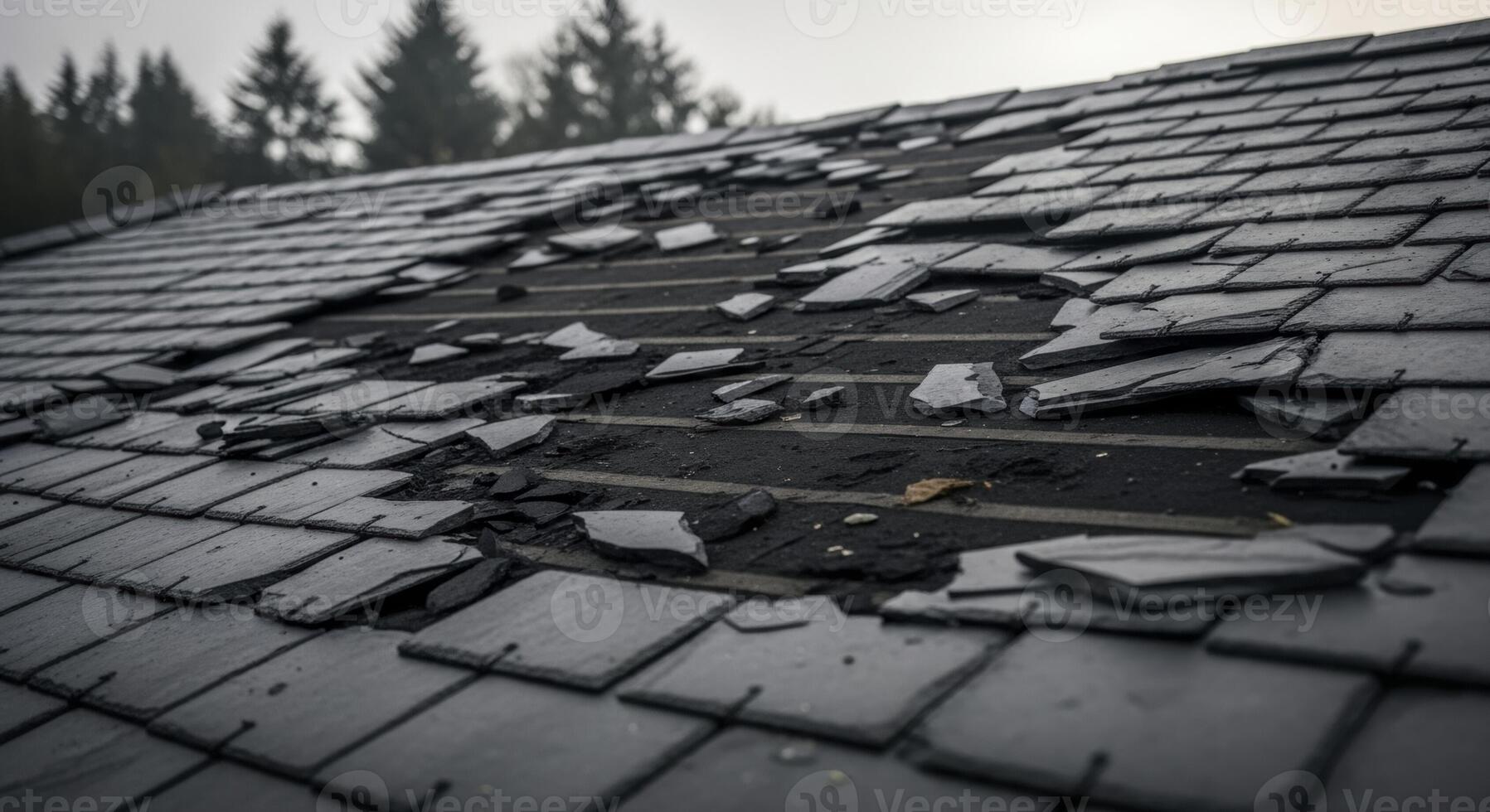 Severely damaged dark grey slate tile roof showing extensive disrepair and urgent need for repair. photo