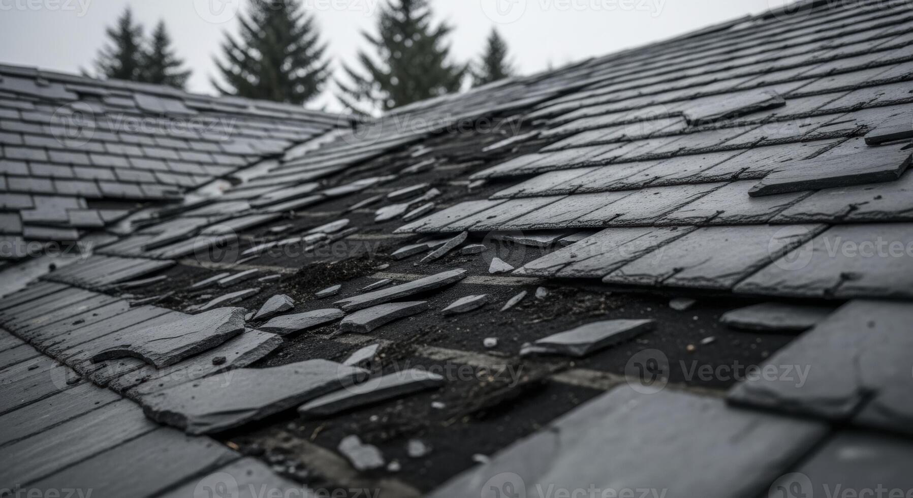 Severely damaged dark grey slate tile roof showing broken and missing tiles requiring repair photo