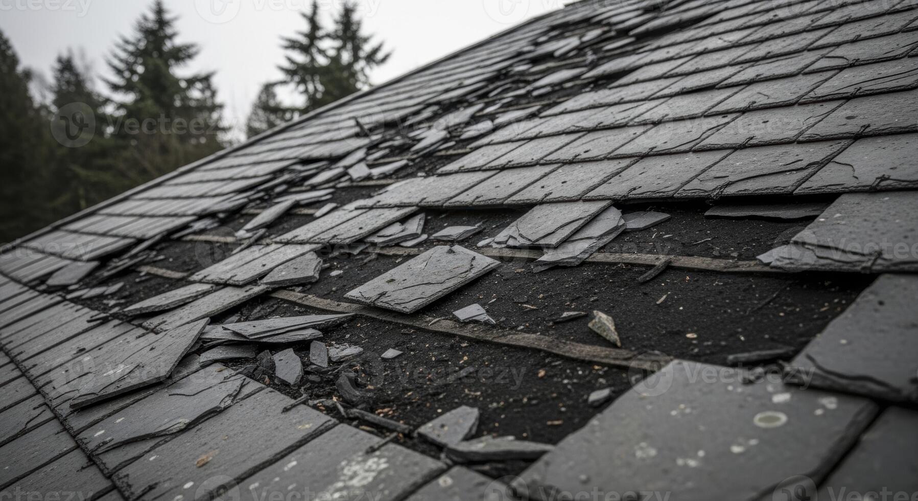 Severely damaged dark grey slate tile roof with broken and missing tiles requiring repair photo