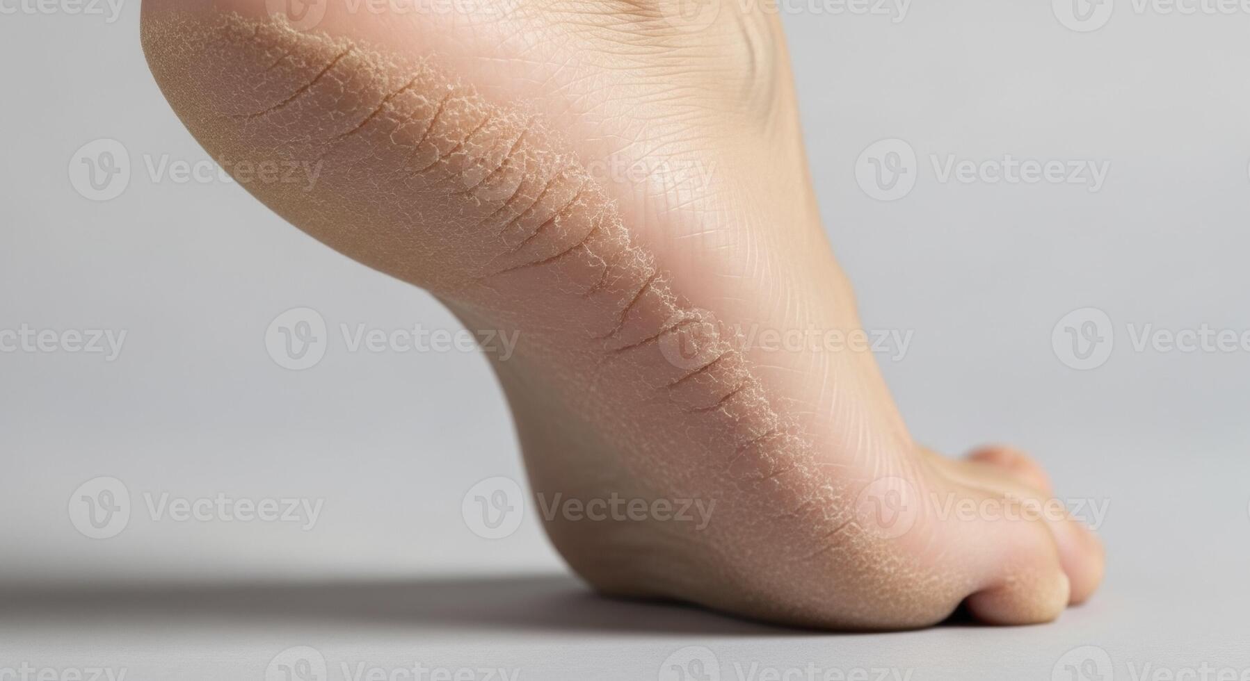 Close up of a human heel with dry and cracked skin, showing signs of a common skin condition. photo