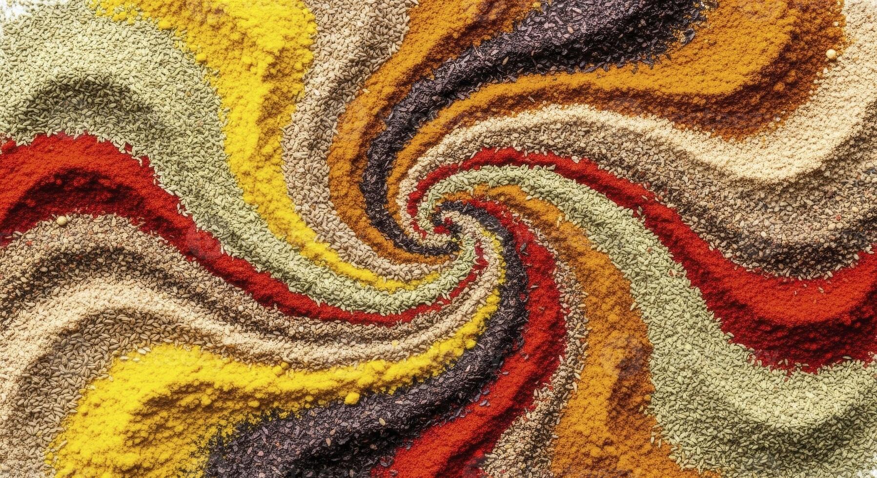 Vibrant colorful spices and herbs arranged in a swirling abstract pattern photo