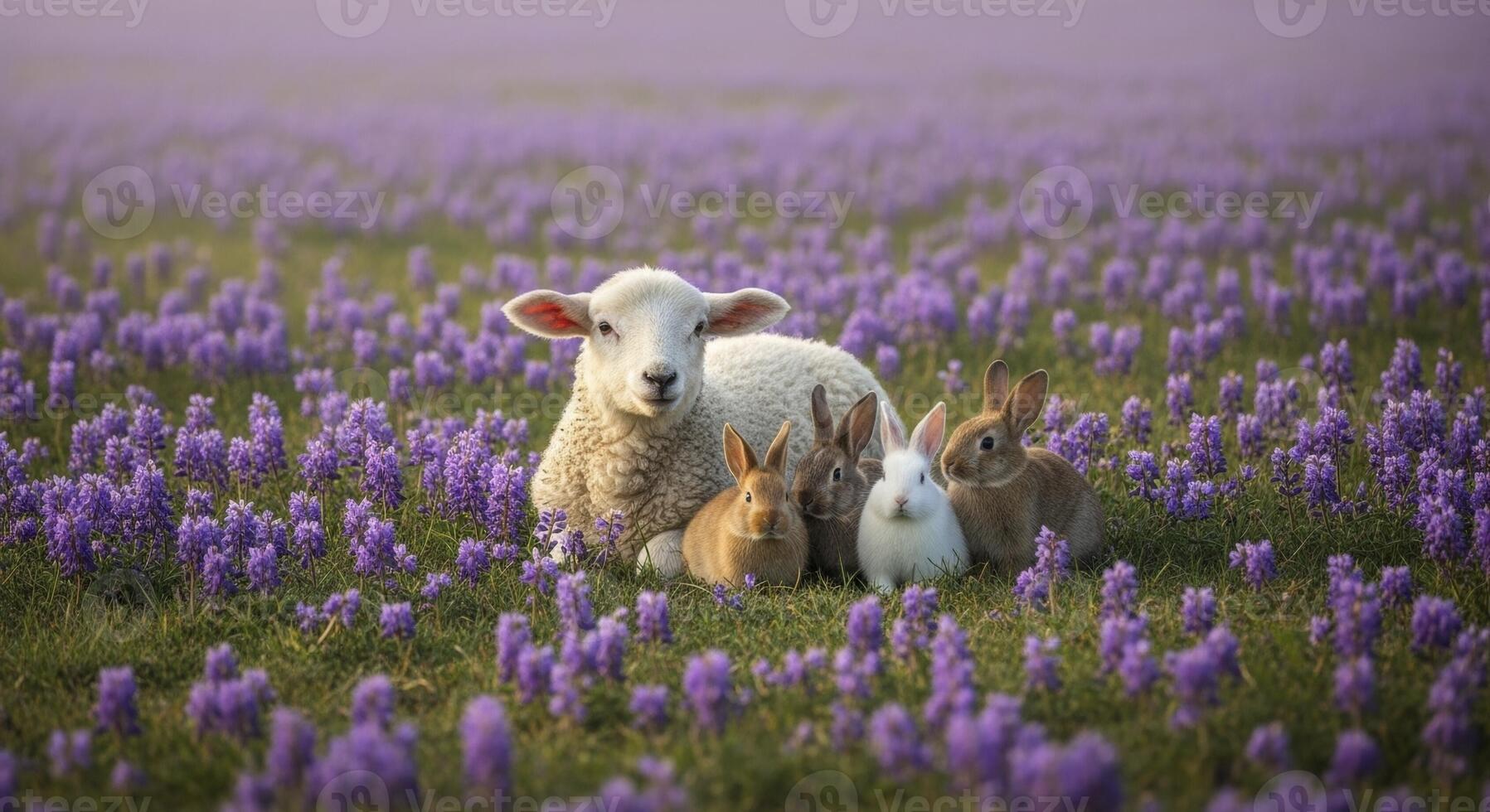 Fluffy white lamb and four small rabbits together in a vibrant purple flower field photo