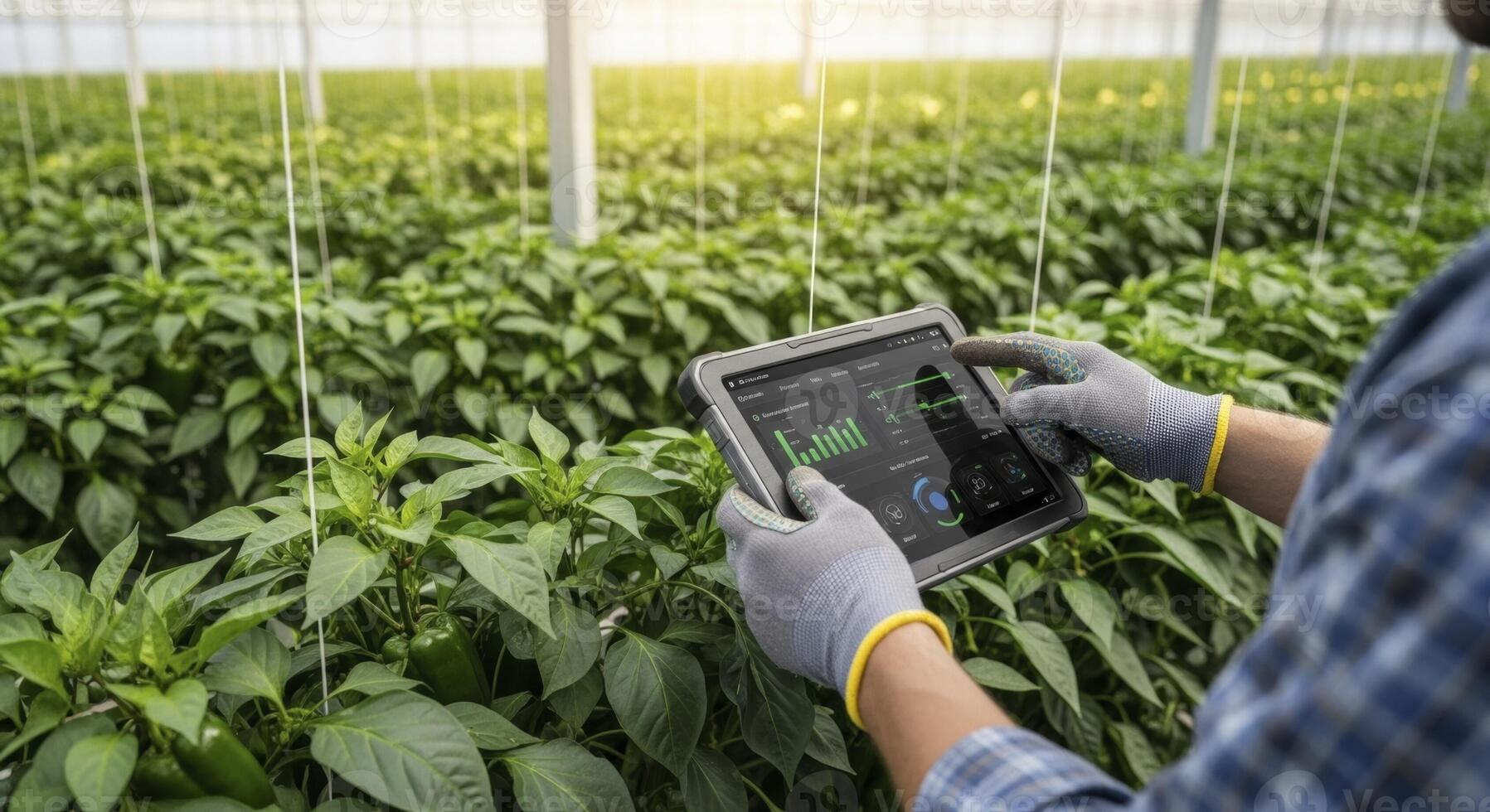Farmer using a digital tablet to manage smart irrigation and crop growth in a modern greenhouse photo