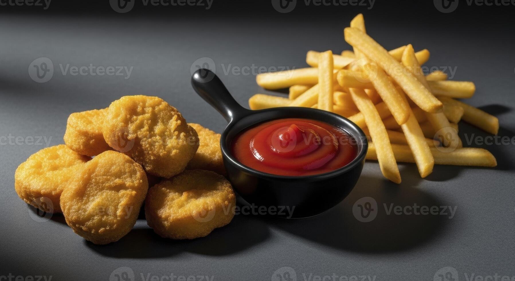 Golden chicken nuggets and crispy french fries with a bowl of red ketchup on a dark surface photo