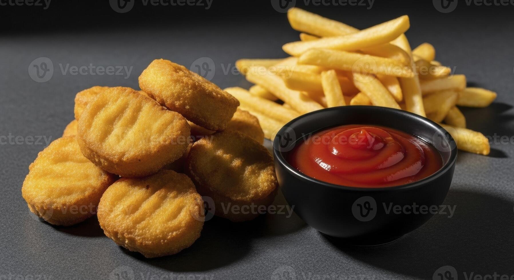 Golden brown chicken nuggets and crispy french fries with a bowl of red ketchup photo