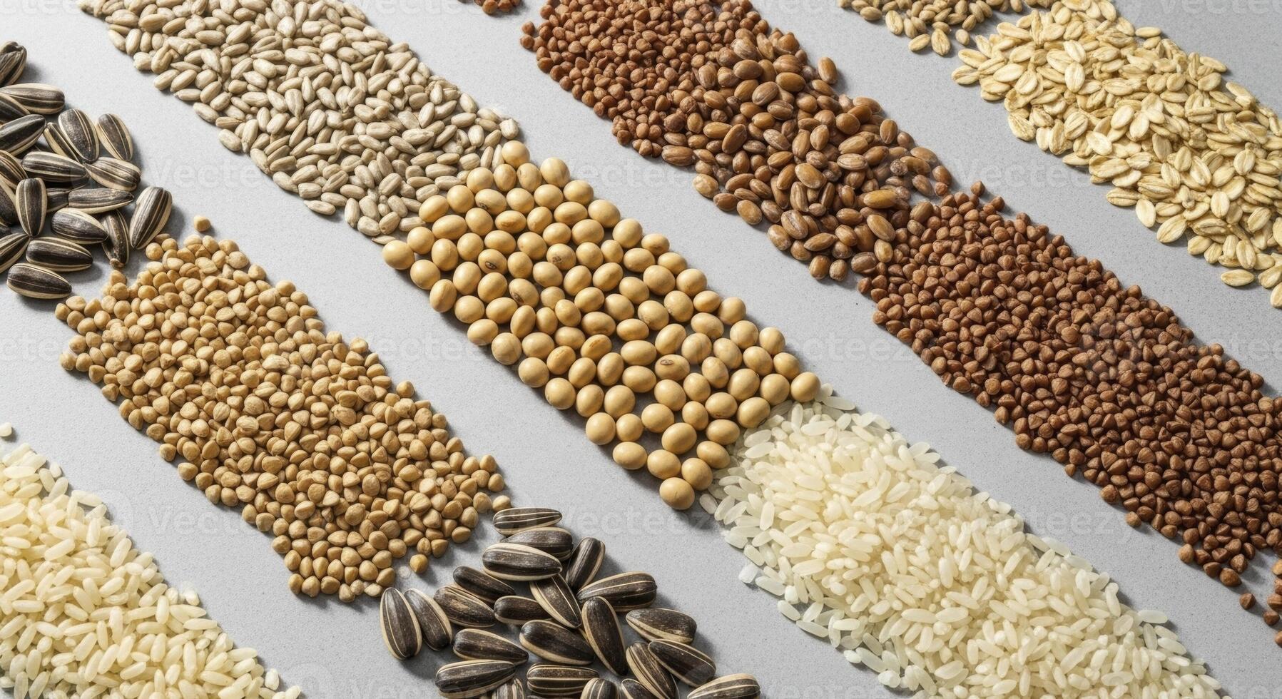 Diagonal rows of various healthy grains and seeds including sunflower, soybean, rice, buckwheat, and oat photo