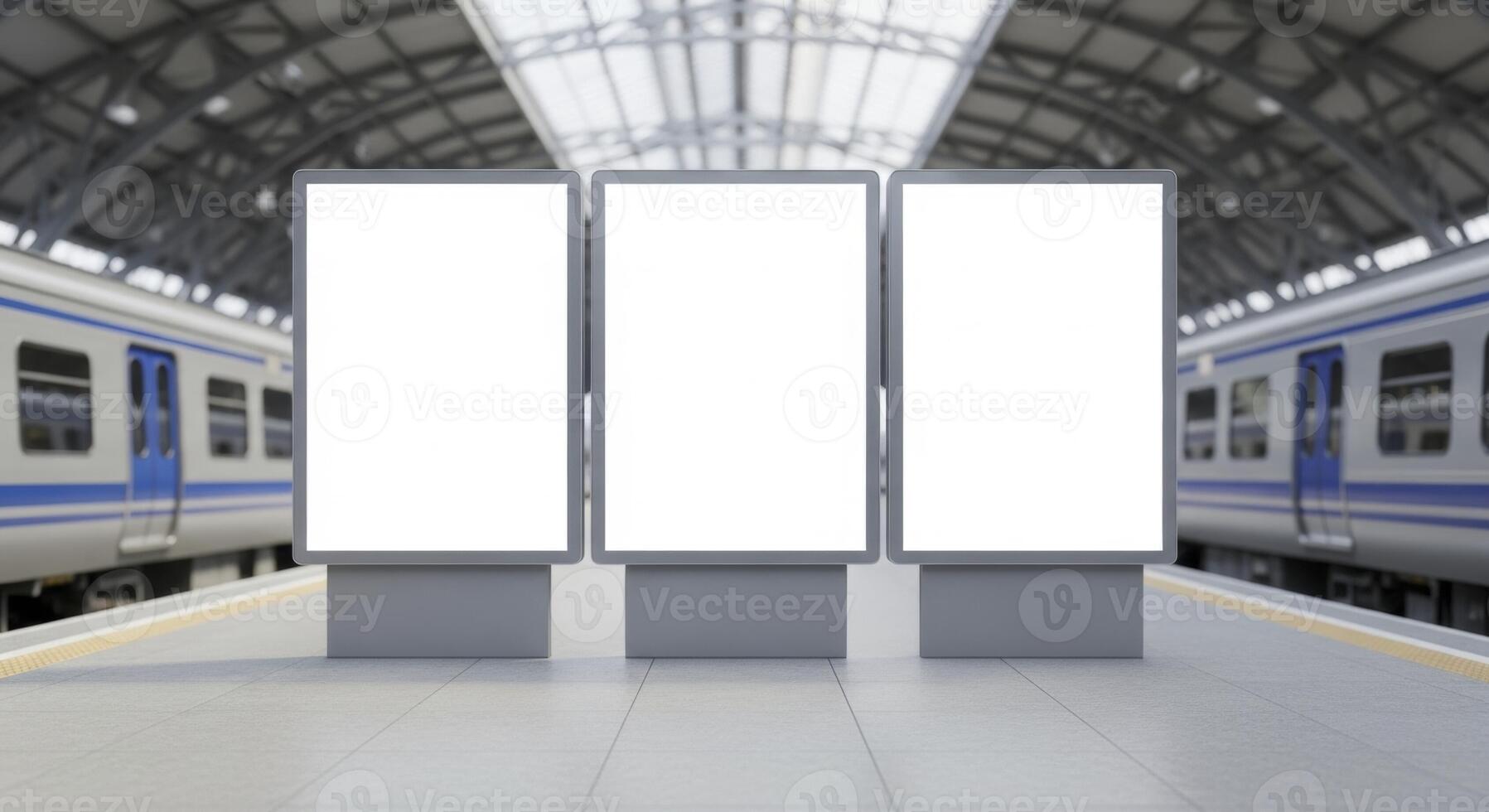 Three blank white digital billboards on a train station platform for advertising photo
