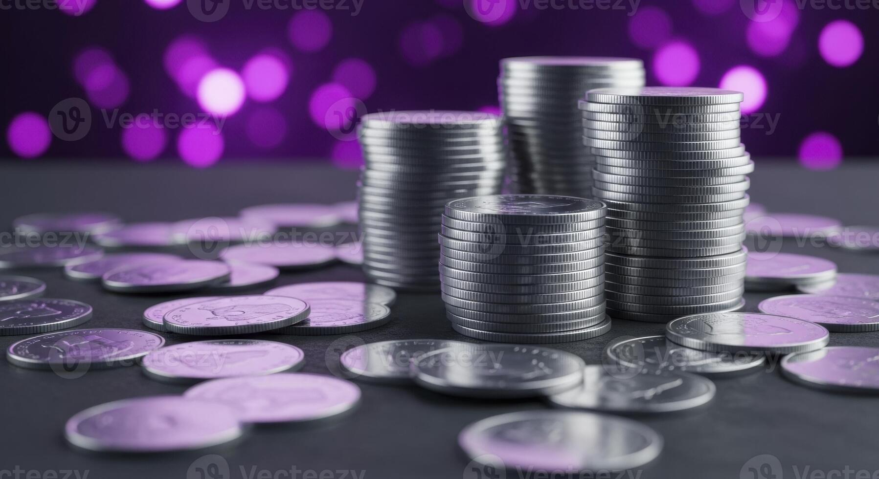 Stacks of shiny silver coins on a dark surface with purple bokeh lights representing finance and wealth photo