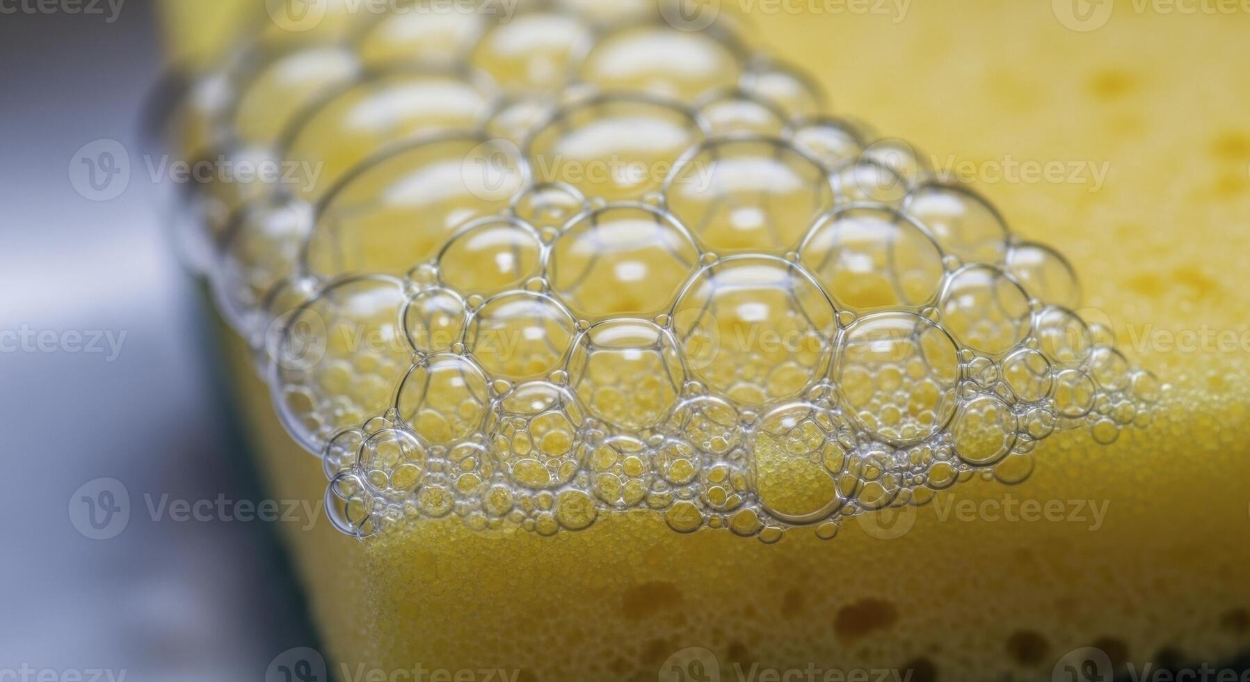 Macro view of soap bubbles on a yellow sponge for cleaning and hygiene concepts. photo