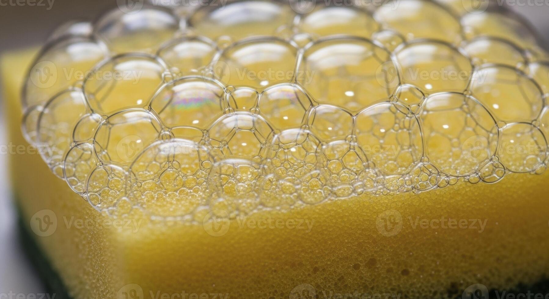 Macro view of clear soap bubbles with iridescent reflections on a yellow cleaning sponge photo