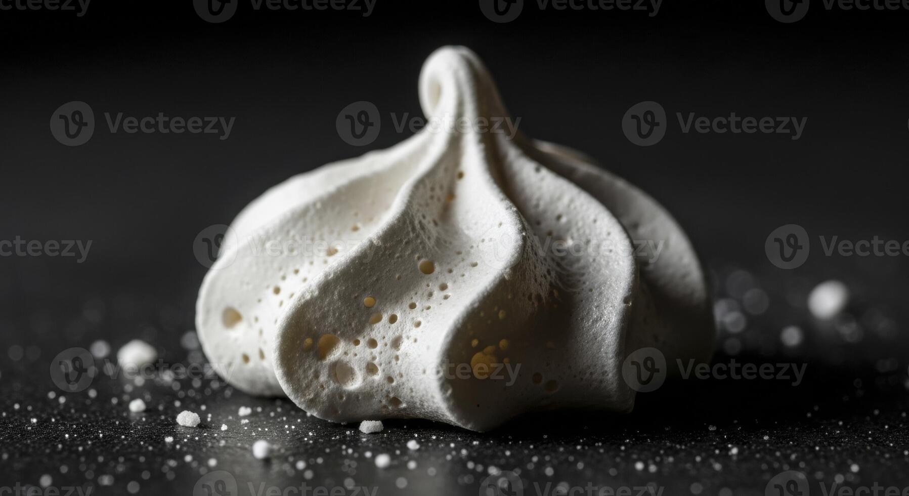 White meringue cookie with delicate porous texture on a dark surface, a sweet dessert. photo